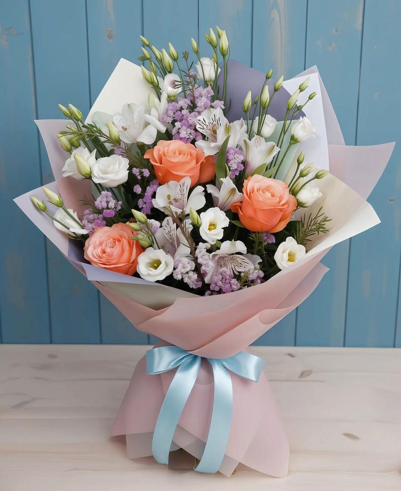 Букет цветов из: Лизиантусы, Розы, Альстромерии и Гипсофила в Кореновске