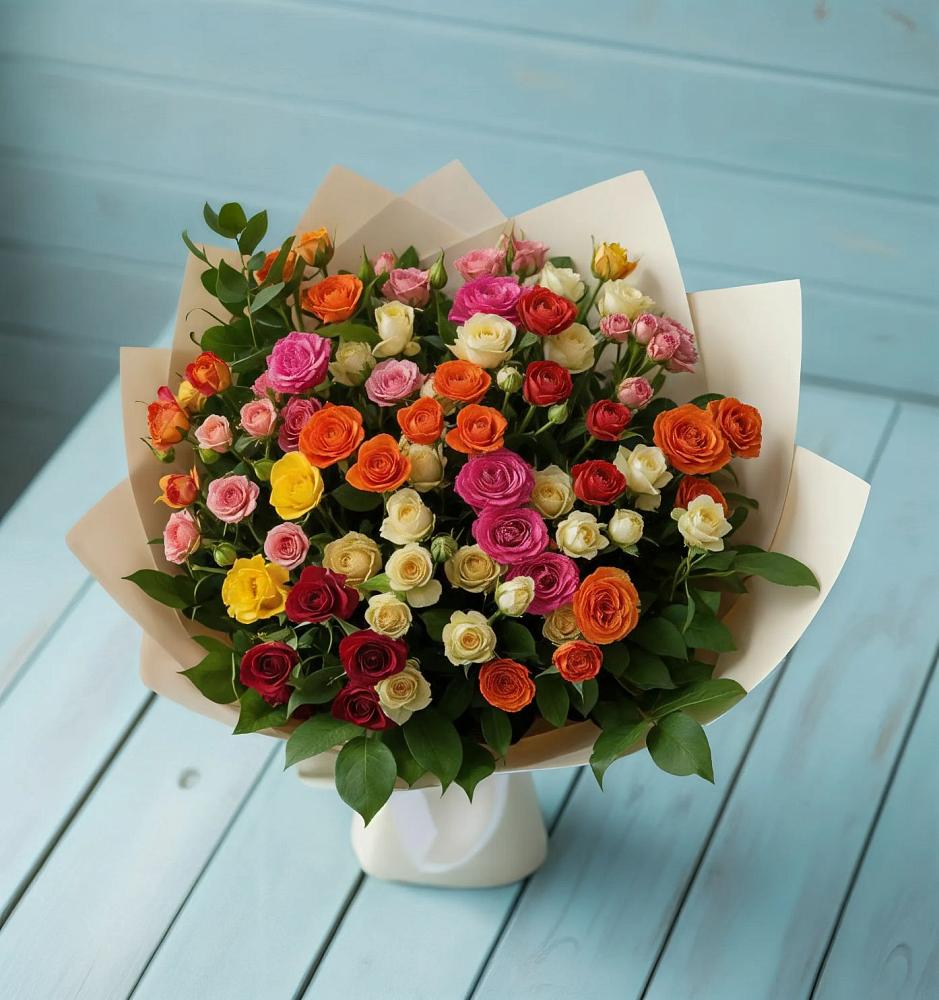 Букет Микс из разноцветных кустовых роз в Кореновске