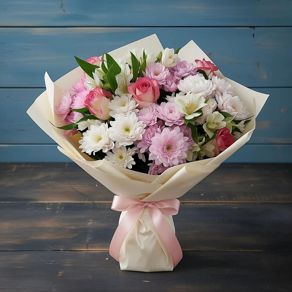 Букет цветов из: Хризантемы, Альстромерии и Розы в Кореновске